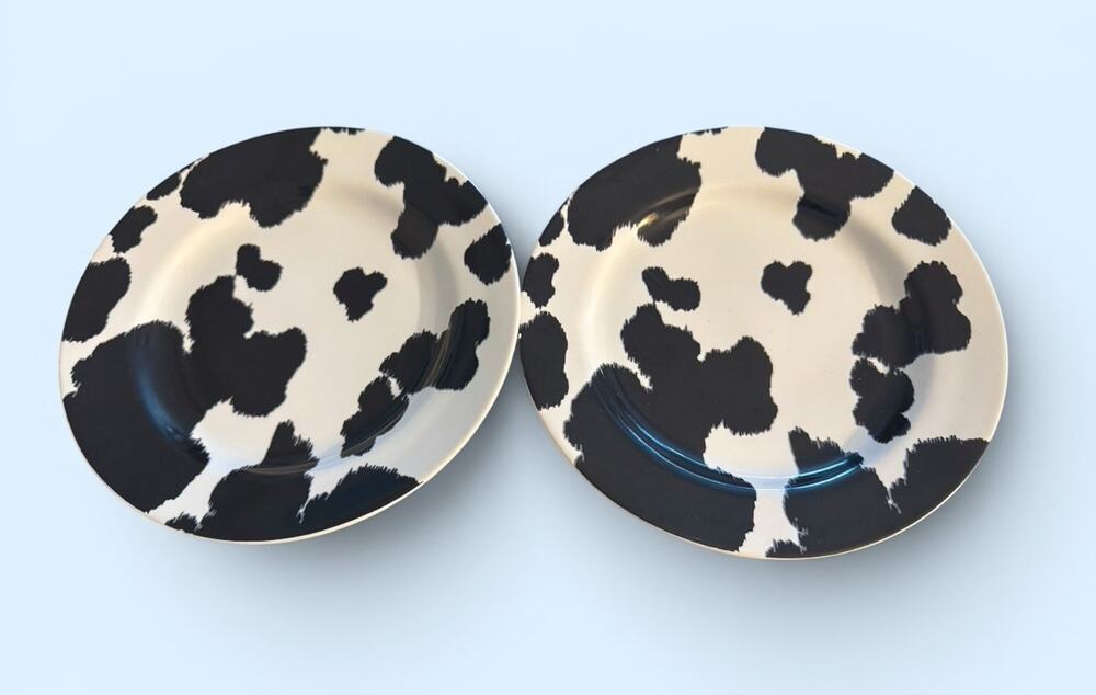 2 - 222 Fifth Cowhide Salad Dessert Plates Nick & Nora Cow Print Farmhouse 8”